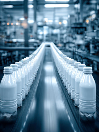 A sleek, high-tech assembly process showcasing pristine white containers swiftly gliding along synchronized belts amid a luminous, contemporary manufacturing environの写真素材