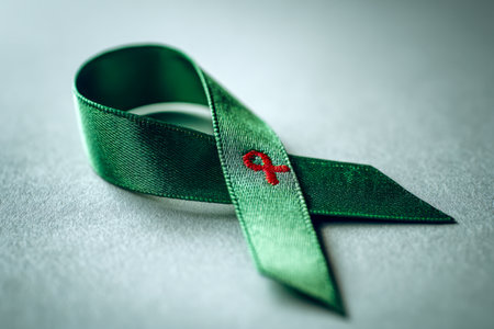 A vibrant green ribbon with a tiny red emblem rests gently on a textured background, illuminated by gentle, diffused light evoking compassion and hope.の写真素材