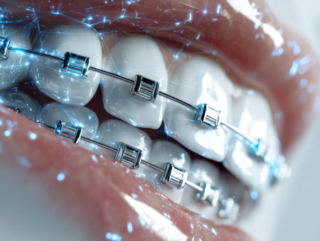A close-up of a smile showcasing advanced orthodontic braces integrated with cutting-edge dental...