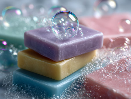 Vibrant soap slices nestled among airy bubbles and frothy foam, resting on a plush surface that evokes a serene, spa-inspired ambiance with gentle pastel hues and shの写真素材