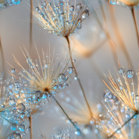 An ethereal close-up of fragile dandelion puffballs adorned with shimmering dew drops, capturing gentle illumination for a serene and fantasy-like mood.の写真素材