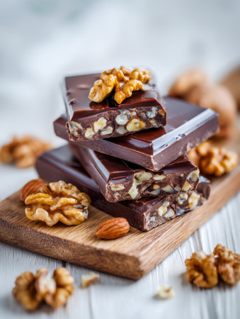 Decadent chocolate treats with crushed walnuts nestled atop, artfully arranged on a rustic wooden platter, accentuated by scattered whole nuts on a weathered white sの写真素材