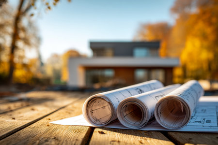 Detailed plans rest on a rustic wood table as a sleek contemporary home and vibrant fall foliage fade softly in the sunlit distance, inspiring creative outdoor designの写真素材