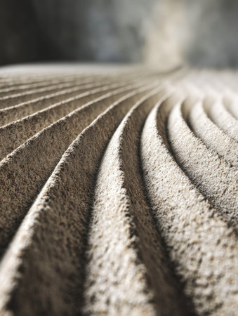 A detailed view of a rugged stone surface featuring flowing, arching channels that form an intricate pattern, evoking movement and layered dimension.の写真素材