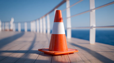 A solitary bright orange and white marker stands on sunlit wooden planks, overlooking tranquil blue waters under a clear sky, evoking a peaceful seaside scene.の写真素材