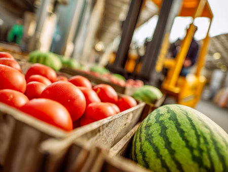 Vibrant produce fills rustic wooden bins as activity buzzes in a busy warehouse, with a yellow forklift ready to move fresh, ripe fruits for delivery.の写真素材