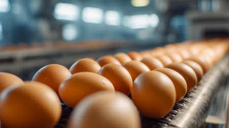 Uniformly organized, earthy-toned eggs glide smoothly along a sleek, automated belt system within a contemporary processing plant illuminated by crisp, bright overheの写真素材