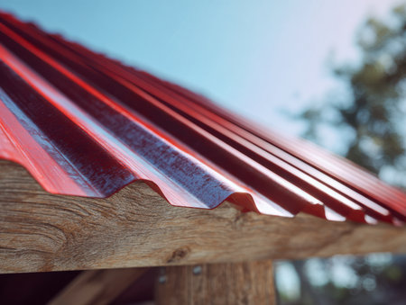 A detailed shot highlighting vibrant red corrugated metal panels set atop a weathered wooden frame, illuminated by clear sunlight with a soft outdoor focus backdrop.の写真素材