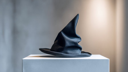 A sleek, midnight-black hat with a sharp, elongated peak rests gracefully on a pristine white stand, evoking mystique and enchantment perfect for fantasy settings.の写真素材