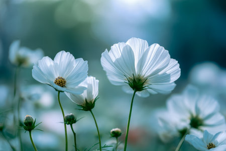 Gentle white blooms dance softly amidst a tranquil, blurred backdrop of blue and green hues, evoking calm and serenity in a quiet natural setting during daylight.の写真素材