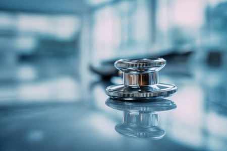 A polished metal stethoscope's chest piece captures a clear reflection on a sleek surface, set against a luminous, contemporary clinic space with a softly blurred baの写真素材