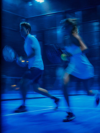 Rival players race across the indoor court, their focused expressions illuminated by striking blue lighting, capturing the energy of a high-stakes paddle tennis duelの写真素材