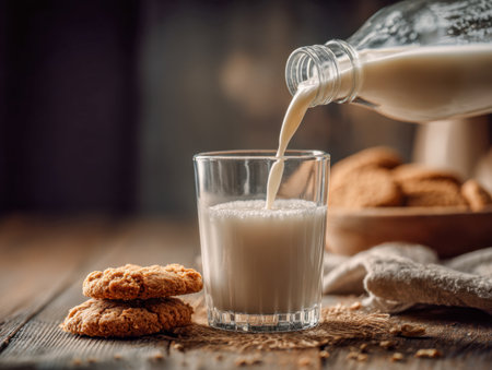 A stream of smooth, plant-based milk cascades into a glass, accompanied by crunchy oat cookies, all set on a textured wooden table with a warm, inviting backdrop.の写真素材