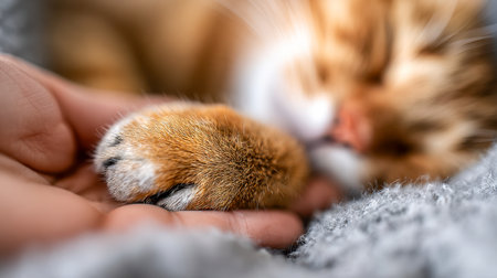 A tranquil scene capturing a sleeping orange cat?s paw nestled delicately in a person's palm, set against a warm, textured fabric that evokes comfort and serenity.の写真素材