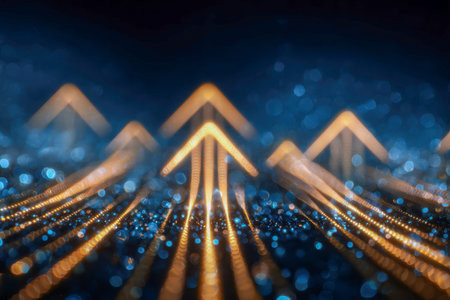 Vibrant neon arrows ascend amidst rapid streaks of light, crafting a sleek, high-tech ambiance with...