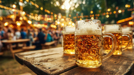 Warm amber brews in clear glassware sit atop aged wooden planks amid twinkling string lights, as joyful revelers toast under the evening sky at a lively outdoor celeの写真素材