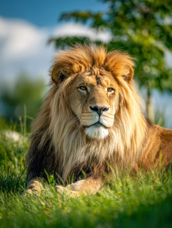 A regal lion reclines peacefully on vibrant grass, its intricate golden mane contrasting against a clear blue sky, embodying serene wilderness elegance.の写真素材