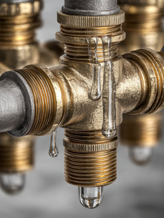 An intricate metal fitting captures glistening water beads cascading from precise threaded joints, emphasizing surface textures and the interplay of light reflectionの写真素材