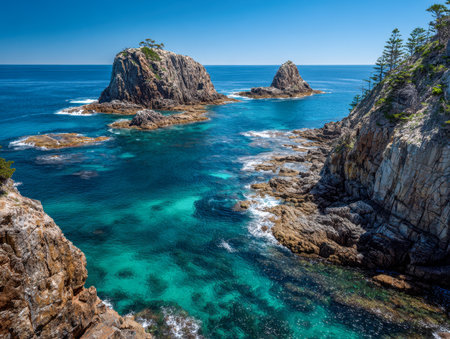 Vibrant turquoise waves cascade through jagged coastal formations, framing tiny forested isles beneath a clear azure sky on a radiant sunny afternoon.の写真素材