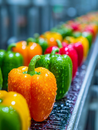 Vibrant bell peppers shimmering with moisture line up meticulously on a processing line, capturing freshness and quality in a clean, industrial setting.の写真素材