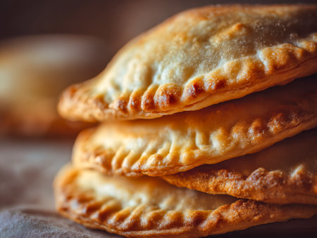 A cozy arrangement of freshly baked, golden pastries with crisp, layered crusts rests on textured fabric, illuminated by gentle natural light for a warm, homemade feの写真素材