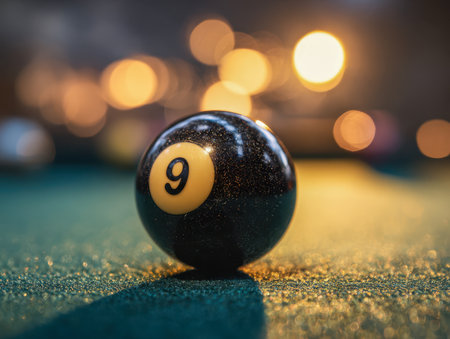 A sleek black nine ball sits on a lush green felt surface, bathed in soft, amber lighting that evokes a sense of warmth and relaxed elegance during evening hours.の写真素材