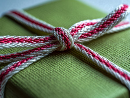 A vivid red and white braided cord elegantly wraps a textured green gift box, embodying careful presentation and joyful festive spirit.の写真素材