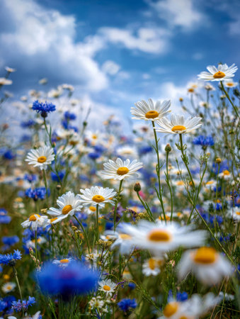 A tranquil natural scene showcasing a blooming meadow adorned with delicate white daisies and striking blue cornflowers, under a luminous summer sky with gentle clouの写真素材