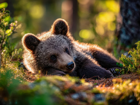 A gentle young bear relaxes on the lush woodland floor, bathed in warm golden light and lush greenery, capturing serenity in its natural setting.の写真素材