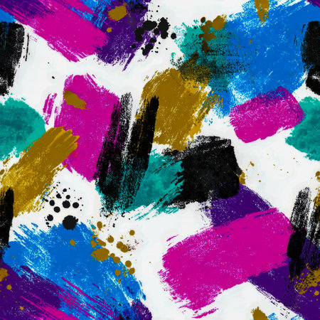 An exuberant fusion of bold brushwork and lively splatters in vivid magenta, turquoise, and gold, evoking movement and vibrancy against a crisp white background.の写真素材