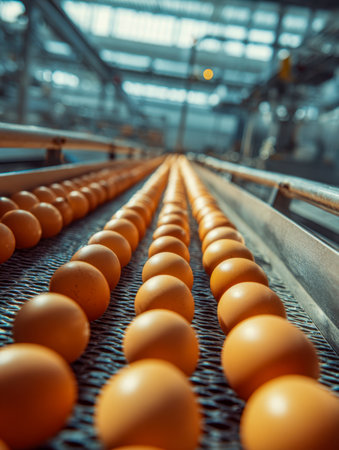 Brightly lit modern facility showing a steady flow of neatly arranged brown eggs gliding along an automated system, emphasizing efficiency and cleanliness.の写真素材