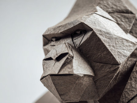 A meticulous 3d paper art of a gorilla's face, constructed from layered textured brown sheets, set against a subtle backdrop highlighting craftsmanship and detail.の写真素材