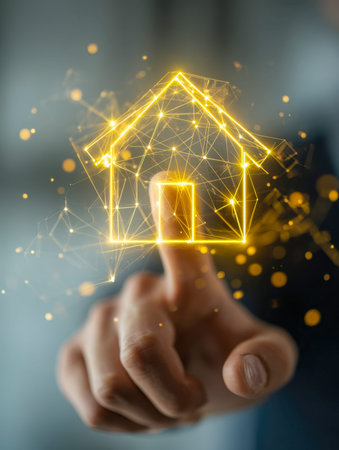 A person engages with a luminous digital projection of a house icon, symbolizing cutting-edge smart...