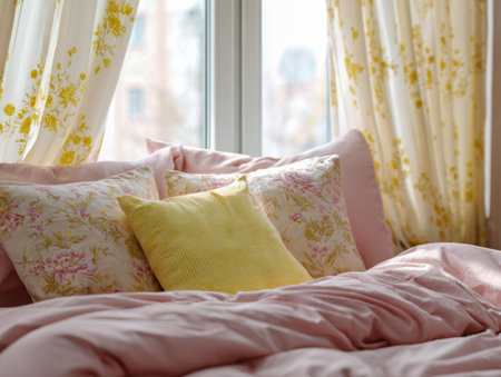 A tranquil bedroom scene featuring a plush bed adorned with gentle pastel and floral pillows, enveloped in a warm pink duvet, illuminated by sunlight through breezyの写真素材