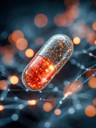 A luminous, high-tech artifact pulsates with multicolored data fragments, entwined within an intricate web of glowing points and digital scaffolding.の写真素材