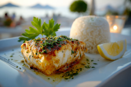 A perfectly charred fish fillet topped with vibrant herbs, accompanied by fluffy rice, a zesty lemon wedge, and a sprig of parsley, set in refined dining ambianceの写真素材
