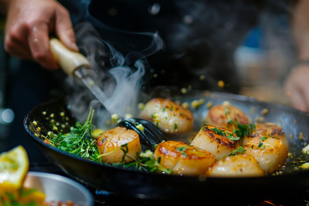 Gourmet chef cooking grilled scallops with buttery lemon or cajun sauce and fresh herbsの写真素材