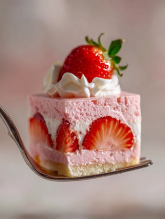A tempting forkful of pink strawberry mousse cake topped with vibrant berries and creamy whipped cream, set against a gentle, out-of-focus backdrop perfect for desseの写真素材