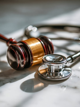 A symbolic pairing of authority and care, featuring a polished wooden gavel and a sleek metal stethoscope resting on a smooth marble surface, highlighting justice inの写真素材