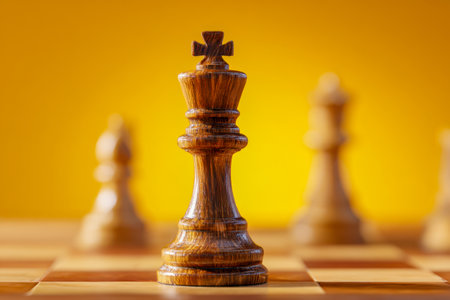 A commanding wooden chess king dominates a vibrant yellow backdrop, with distant blurred figures emphasizing dominance, foresight, and decisive leadership.の写真素材