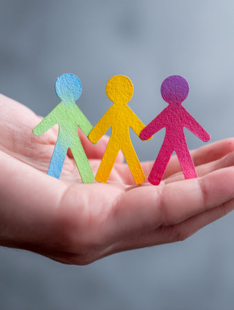 A hand gently presents vibrant paper shapes symbolizing inclusion, solidarity, and mutual aid against a softly blurred backdrop, emphasizing compassion and togetherの写真素材