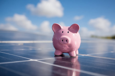 A cheerful pink savings container rests atop sleek solar panels, with a vibrant sky above, illustrating eco-friendly financial growth and sustainable investment ideas.の写真素材