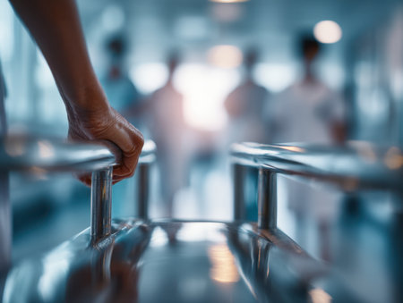 A person's hand firmly holds a metal hospital bed railing, with blurry medical professionals in a luminous clinical setting, emphasizing comfort and support in patieの写真素材