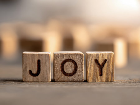 A charming arrangement of wooden alphabet blocks forming the word "joy," bathed in gentle warm light against a softly blurred backdrop, creating a cozy, uplifting atの写真素材