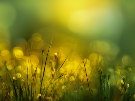 Gentle rays of warm sunlight filter through lush green blades, casting a serene glow that transforms the scene into a tranquil, dreamlike landscape with shimmering hの写真素材