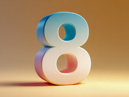 A sculptural, 3d numeral eight blooms in pristine white, illuminated by subtle gradient lighting that creates gentle shadows, set against a warm-toned backdrop perfeの写真素材