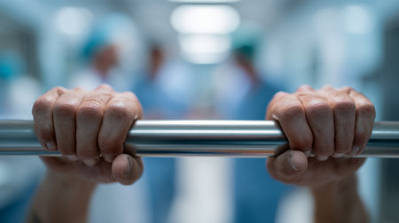 A close-up of clenched hands clutching a cold metal railing, symbolizing unwavering resolve and the quiet strength needed to face life's toughest health battles.の写真素材