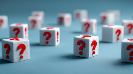 An arrangement of white blocks adorned with vivid red query symbols spread across a vibrant blue background, representing inquisitiveness and the challenge of choiceの写真素材