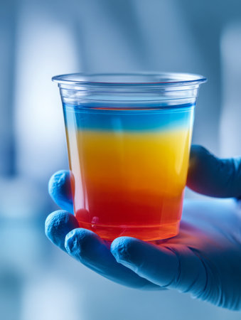 A gloved hand gently cradles a transparent plastic cup filled with vibrant, layered liquids, set against a softly blurred medical environment.の写真素材