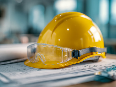 A bright yellow protective helmet paired with goggles rests atop detailed blueprints, symbolizing meticulous site preparation and emphasizing safety in construction projeの写真素材
